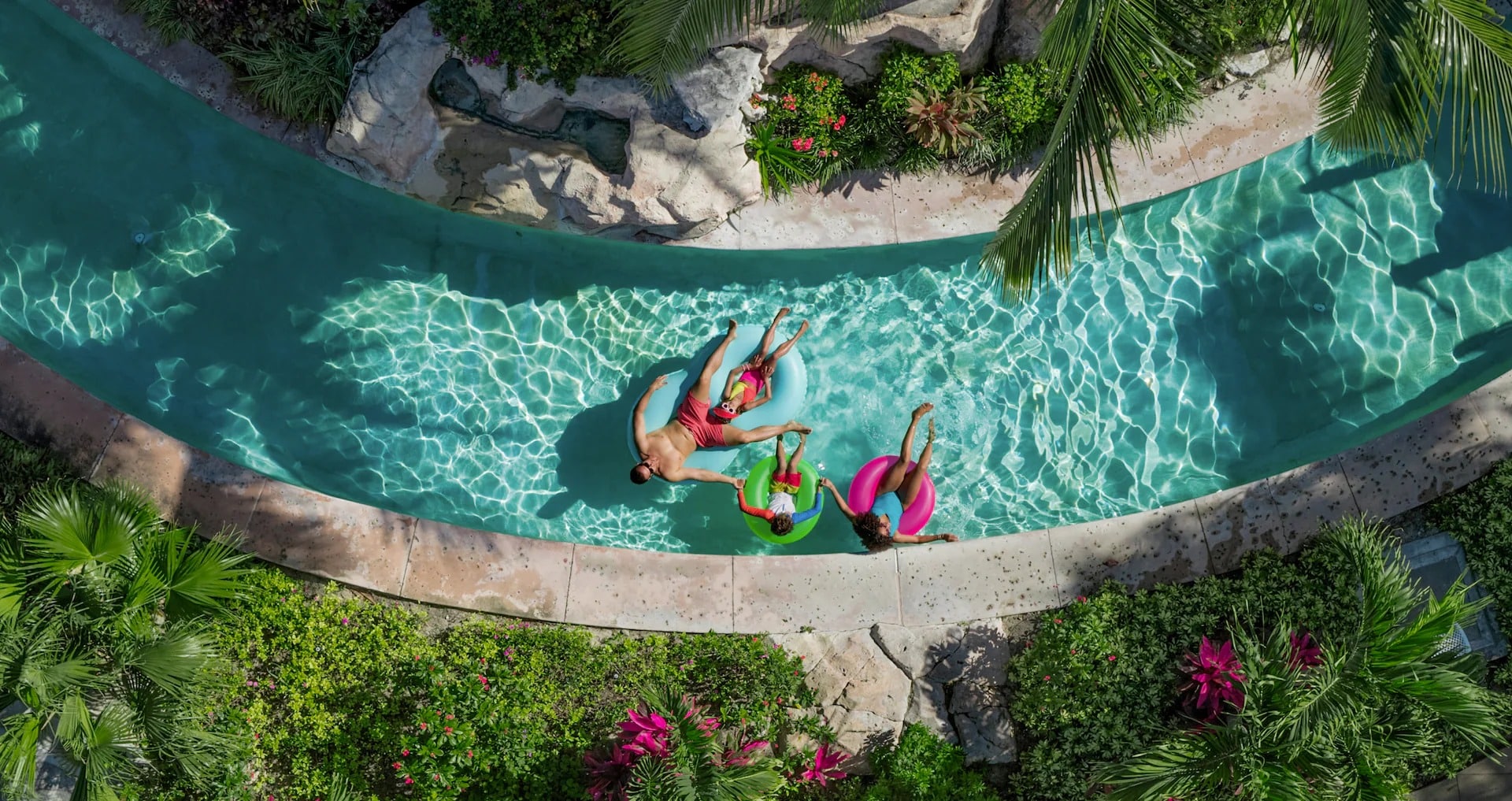 arial view of the waterpark and lazy river next door to the French Village