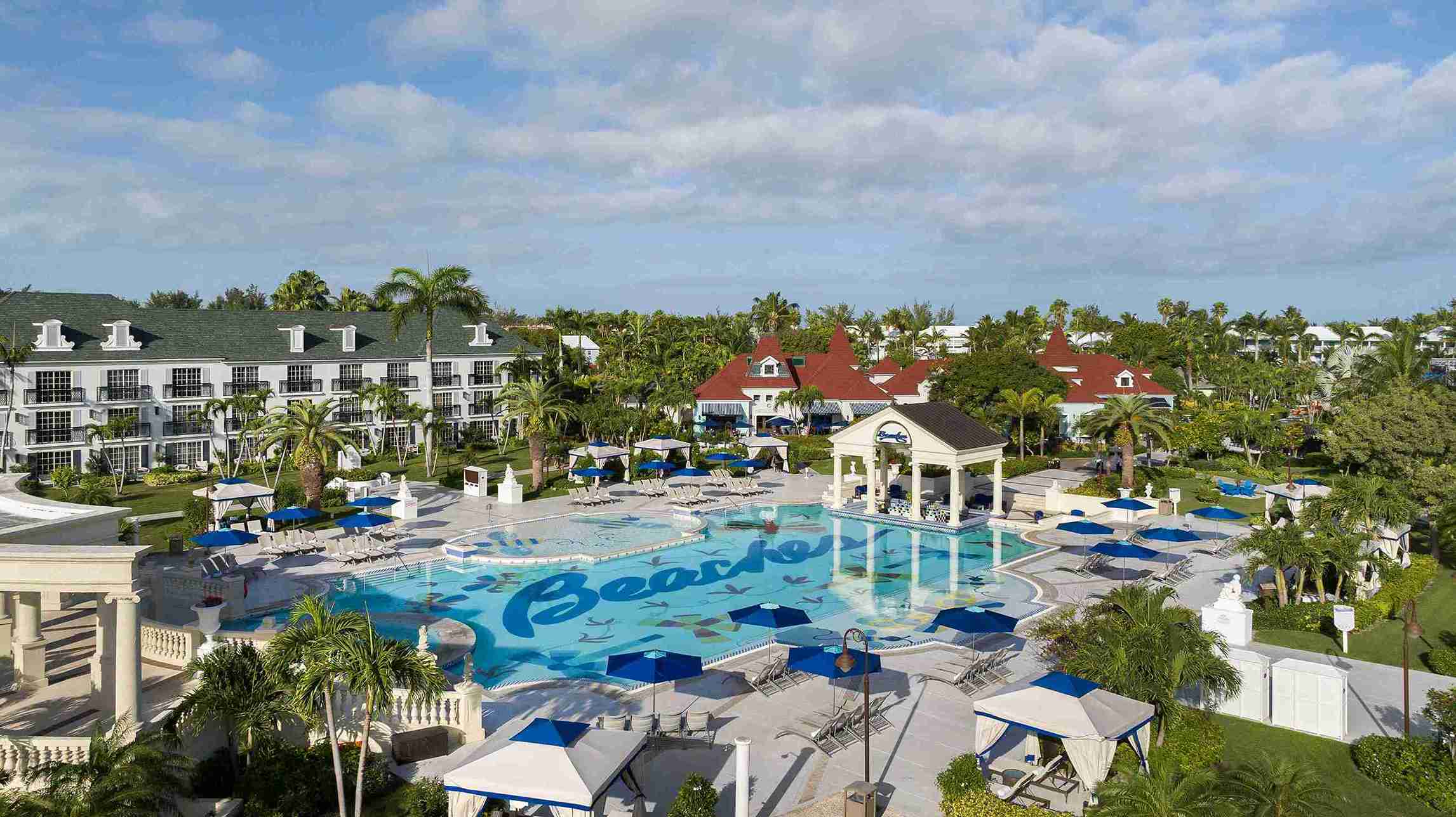 arial view of the french village pool at Beaches Turks and Caicos