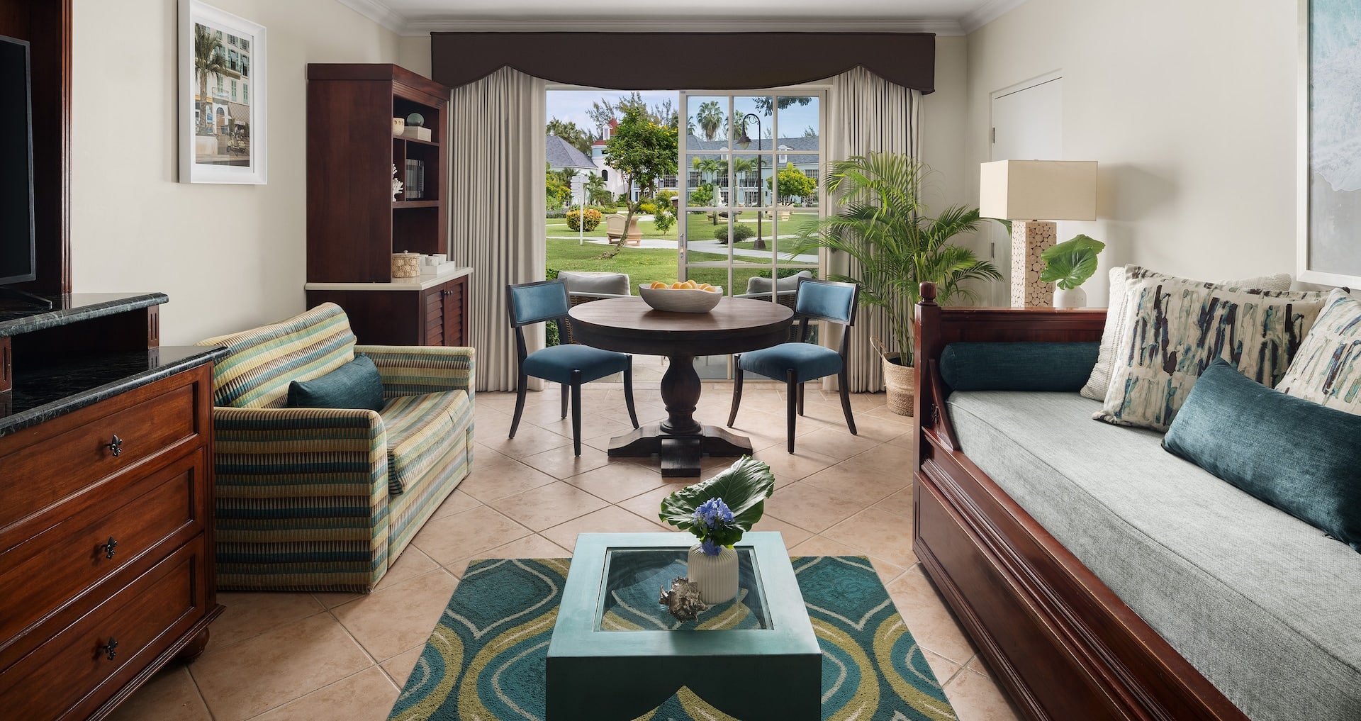 view of the living room area from inside the French Village One Bedroom Concierge Suite