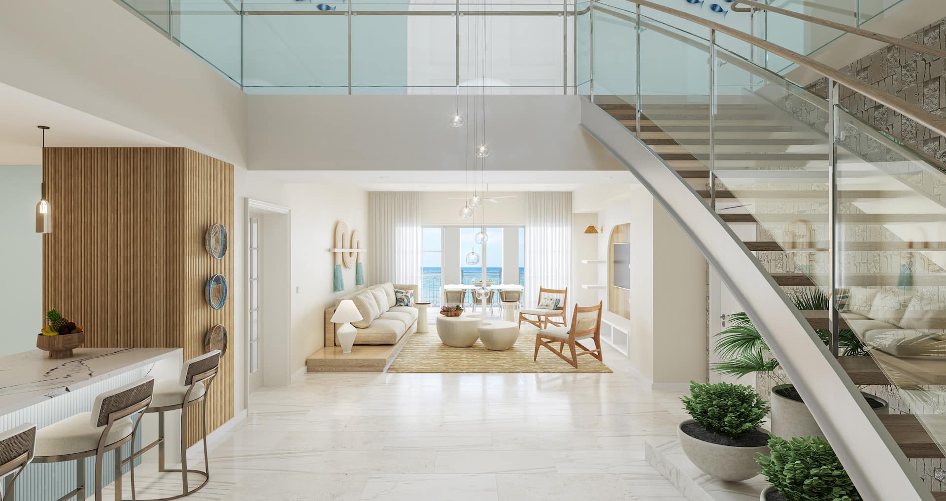 view of the main two story entrance looking out into the living room and spiral staircase from inside the Treasure Beach Chairman's 3-Bedroom Penthouse Suite