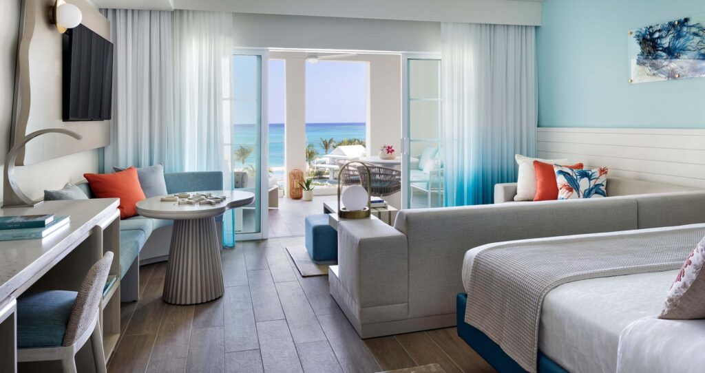 view looking towards the balcony from inside the Treasure Beach Oceanview 2-Bedroom Family Butler Suite
