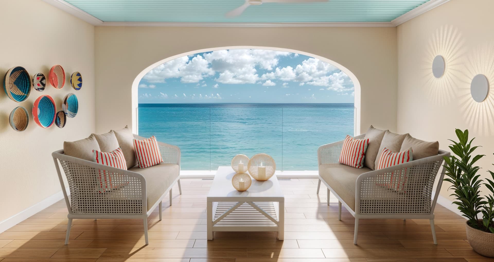 expansive beachfront view of the private balcony overlooking Grace Bay beach from inside the Treasure Beach Oceanview Penthouse Concierge Suite