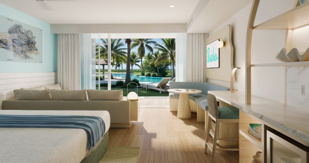 view of the gardens and pool from inside the Treasure Beach Walkout Concierge Suite